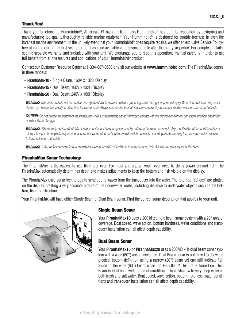 Page n°1 - Manuel utilisateur Humminbird PiranhaMax 20