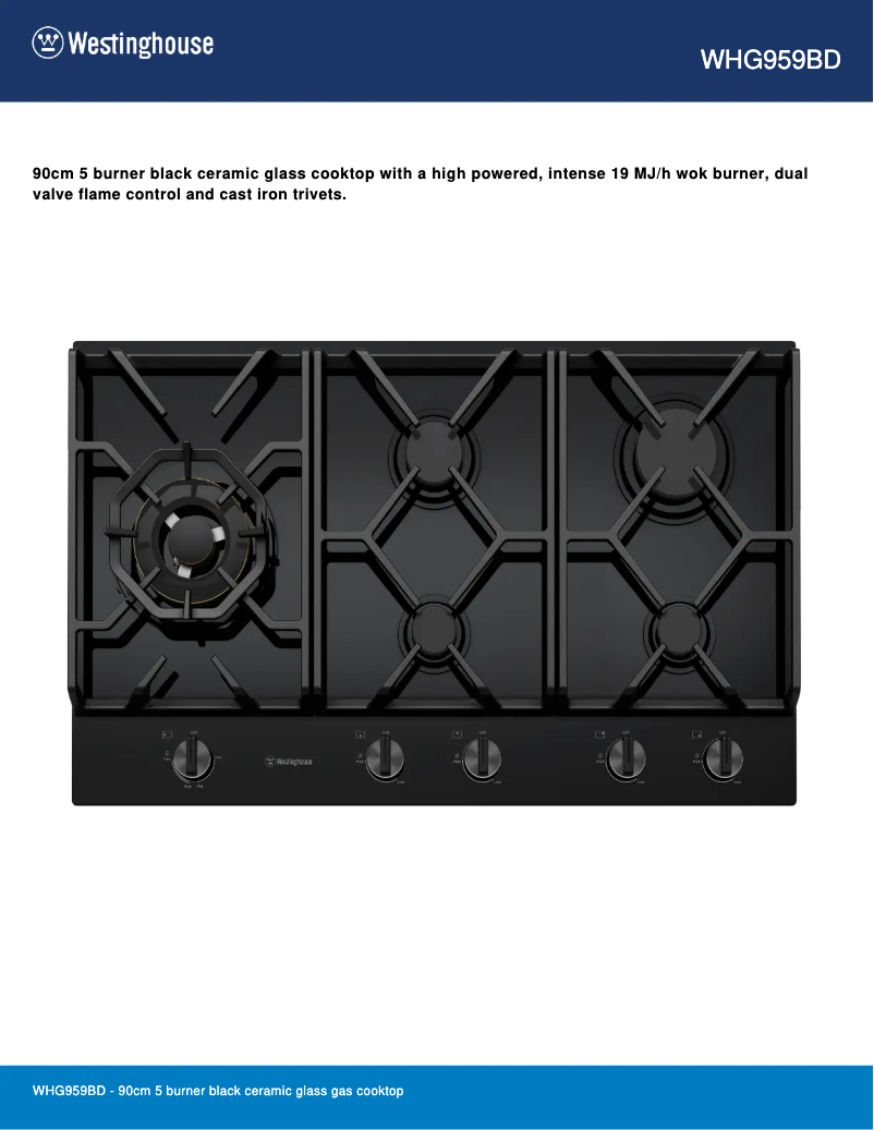 Page 1 de la notice Fiche technique Westinghouse WHG959BD