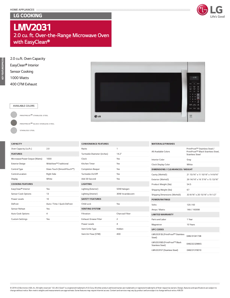 Página 1 del manual Ficha técnica LG LMV2031ST