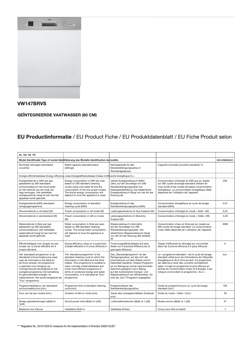 Page 1 de la notice Fiche technique Etna VW147BRVS