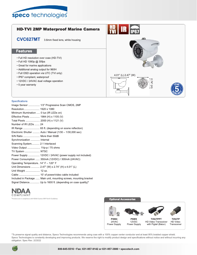 Page 1 de la notice Fiche technique Speco Technologies CVC627MT