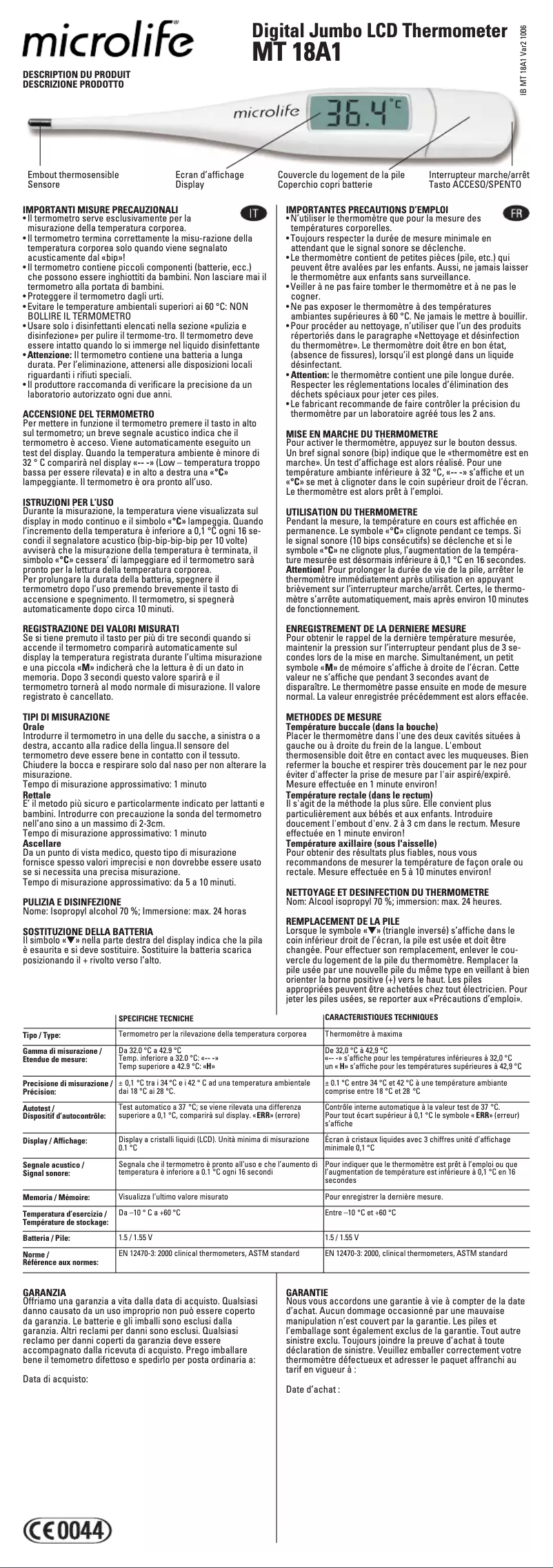 Page 1 de la notice Manuel utilisateur Microlife MT 18A1