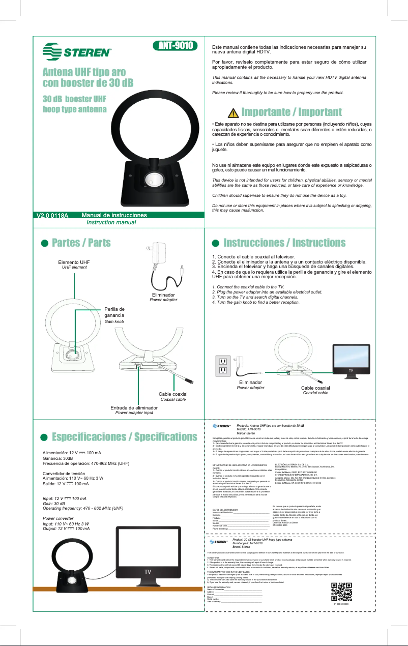 Page 1 de la notice Manuel utilisateur Steren ANT-9010
