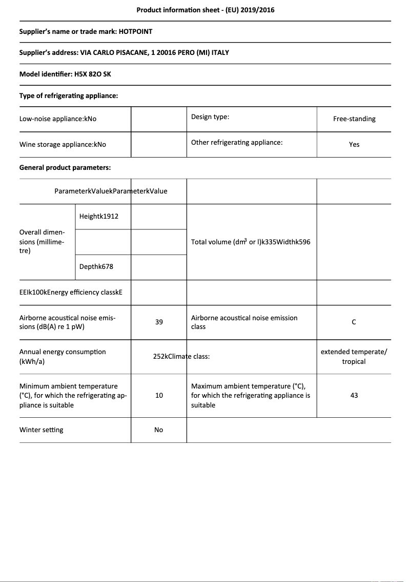 Page n°1 - Fiche technique Hotpoint H5X 82O SK