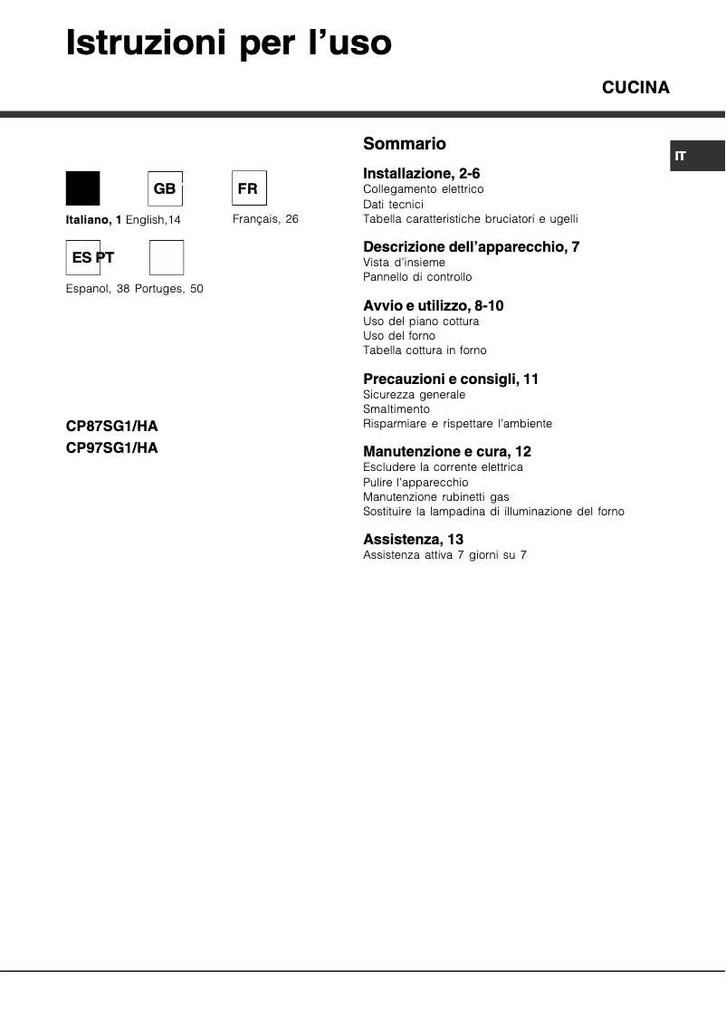 Page 1 de la notice Manuel utilisateur Hotpoint Ariston CP97SG1 /HA S
