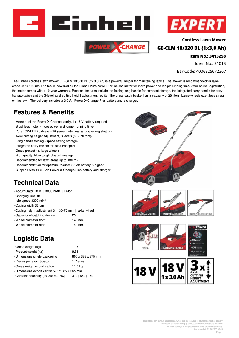 Page 1 de la notice Fiche technique Einhell GE-CLM 18/320 BL