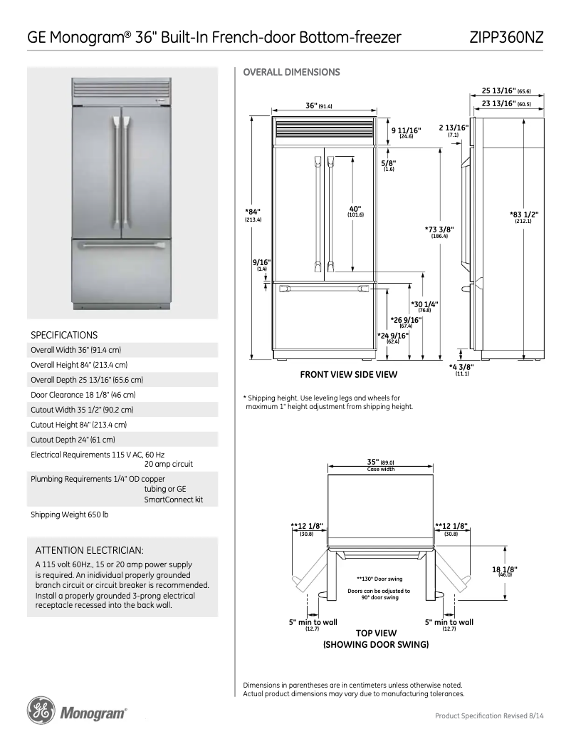 Page 1 de la notice Fiche technique GE ZIPP360NZ