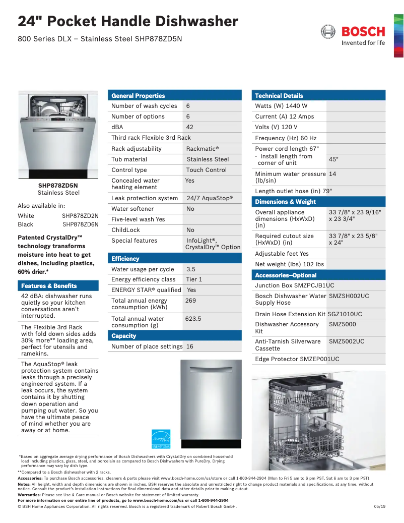Page 1 de la notice Fiche technique Bosch SHP878ZD5N