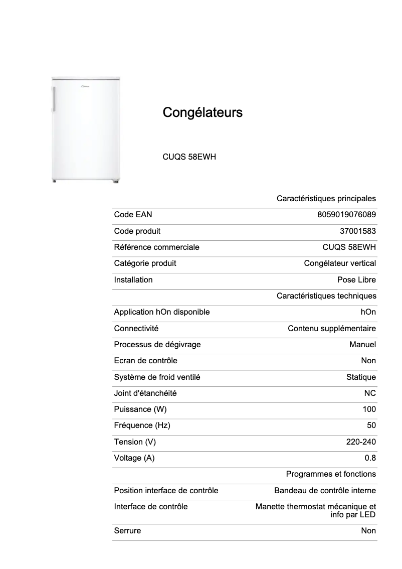 Page n°1 - Fiche technique Candy CUQS 58EWH