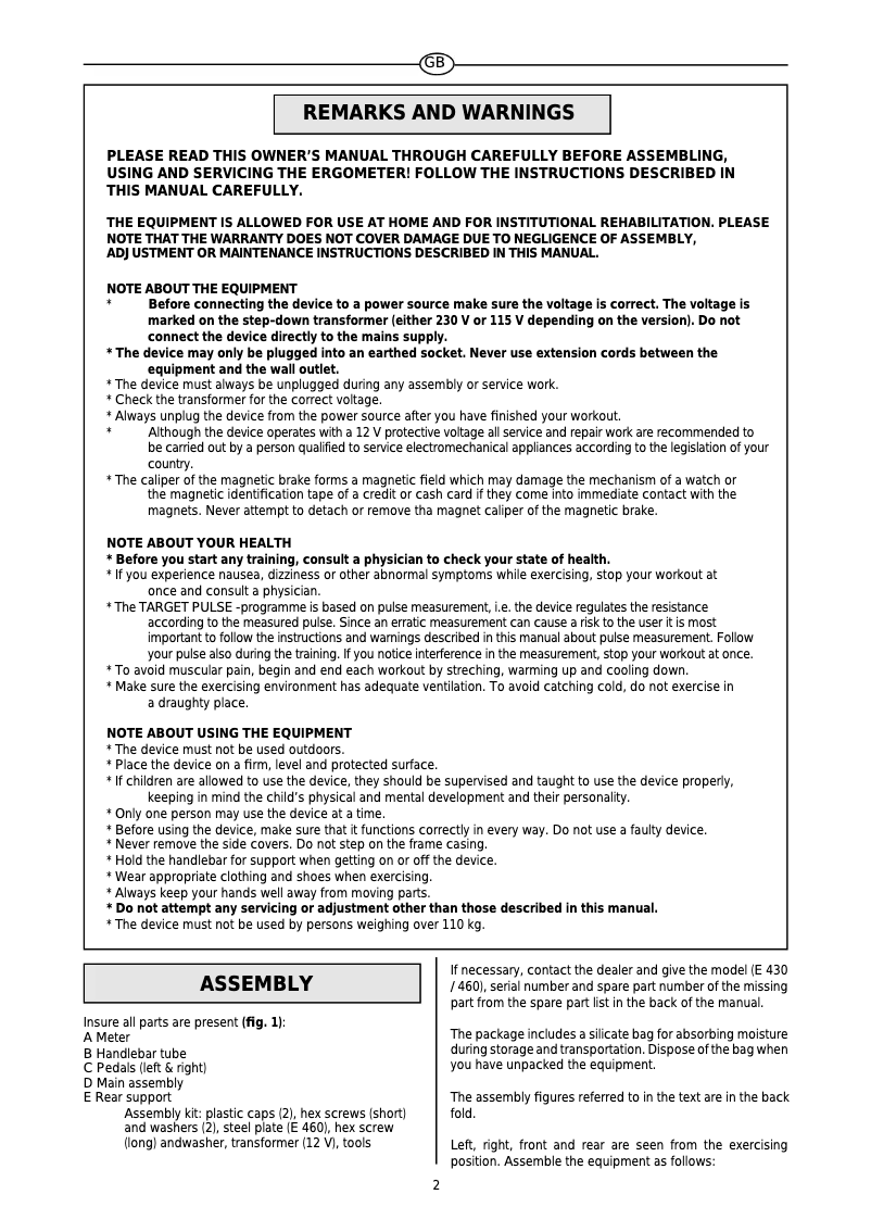 Page 1 de la notice Manuel utilisateur Tunturi E430