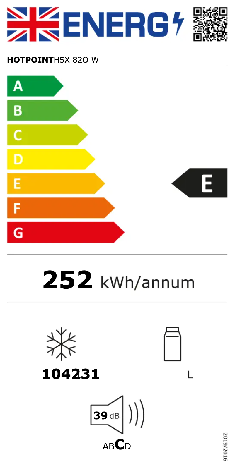 Page 1 de la notice Label énergétique Hotpoint H5X 82O W