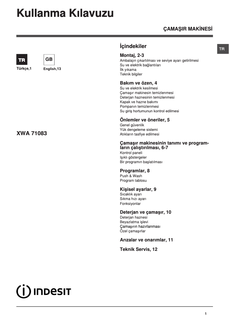 Page 1 de la notice Manuel utilisateur Indesit XWA 71083