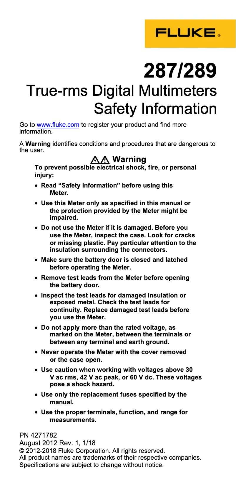 Page 1 de la notice Instructions de sécurité Fluke 289