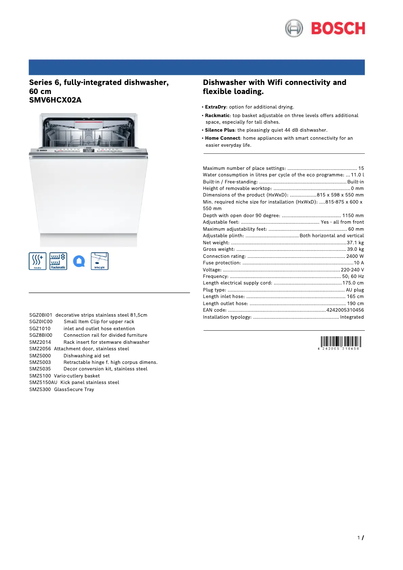 Page 1 de la notice Fiche technique Bosch SMV6HCX02A