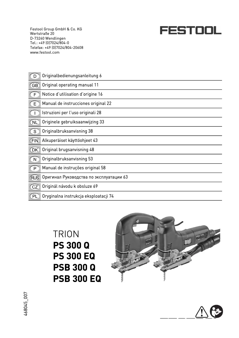 Page 1 de la notice Manuel utilisateur Festool PS 300 EQ-Plus