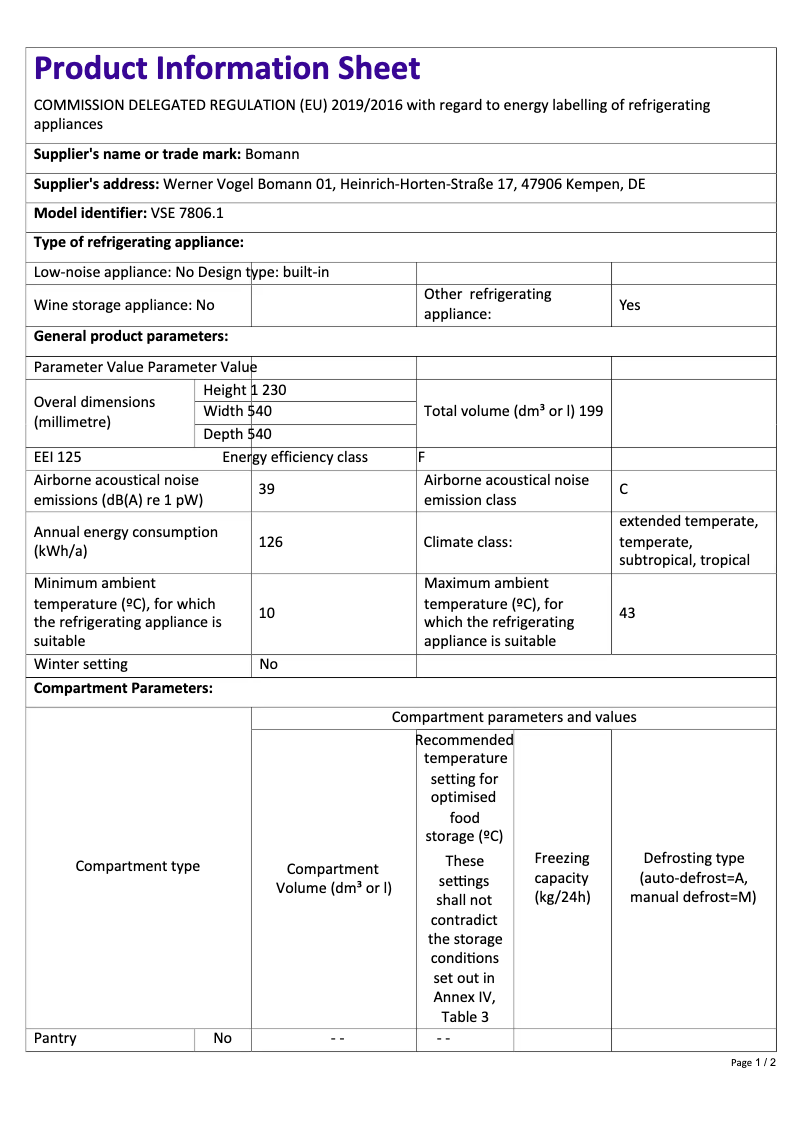 Page 1 de la notice Fiche technique Bomann VSE 7806