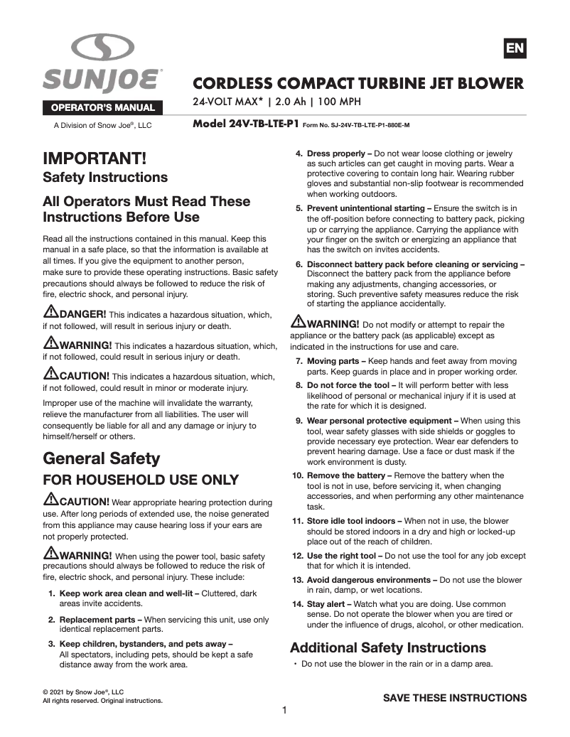 Page n°1 - Manuel utilisateur Sun Joe 24V-TB-LTE-P1