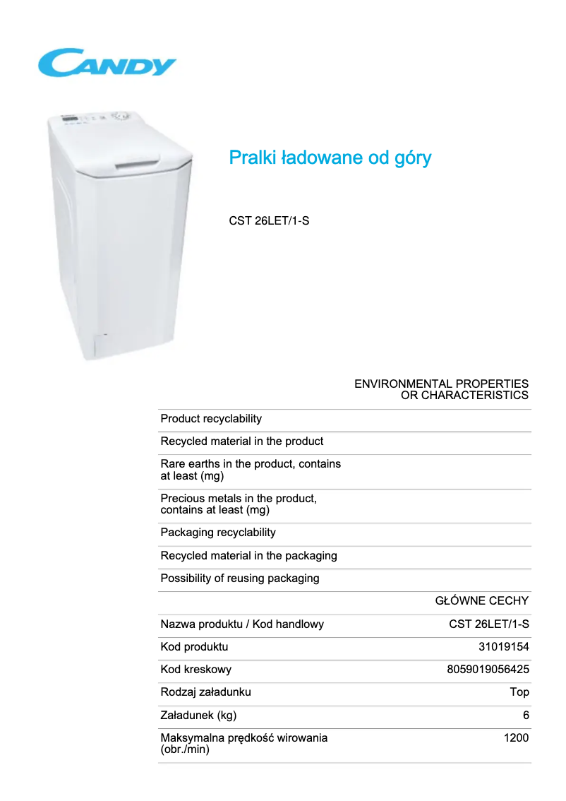 Page 1 de la notice Fiche technique Candy CST 26LET/1-S