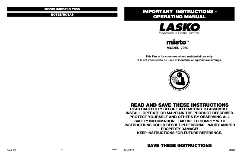 Page 1 de la notice Manuel utilisateur Lasko Misto 7050