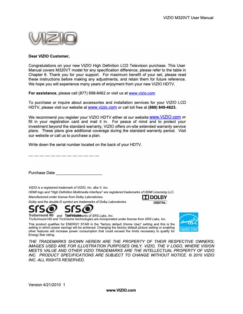 Page 1 de la notice Manuel utilisateur VIZIO M320VT