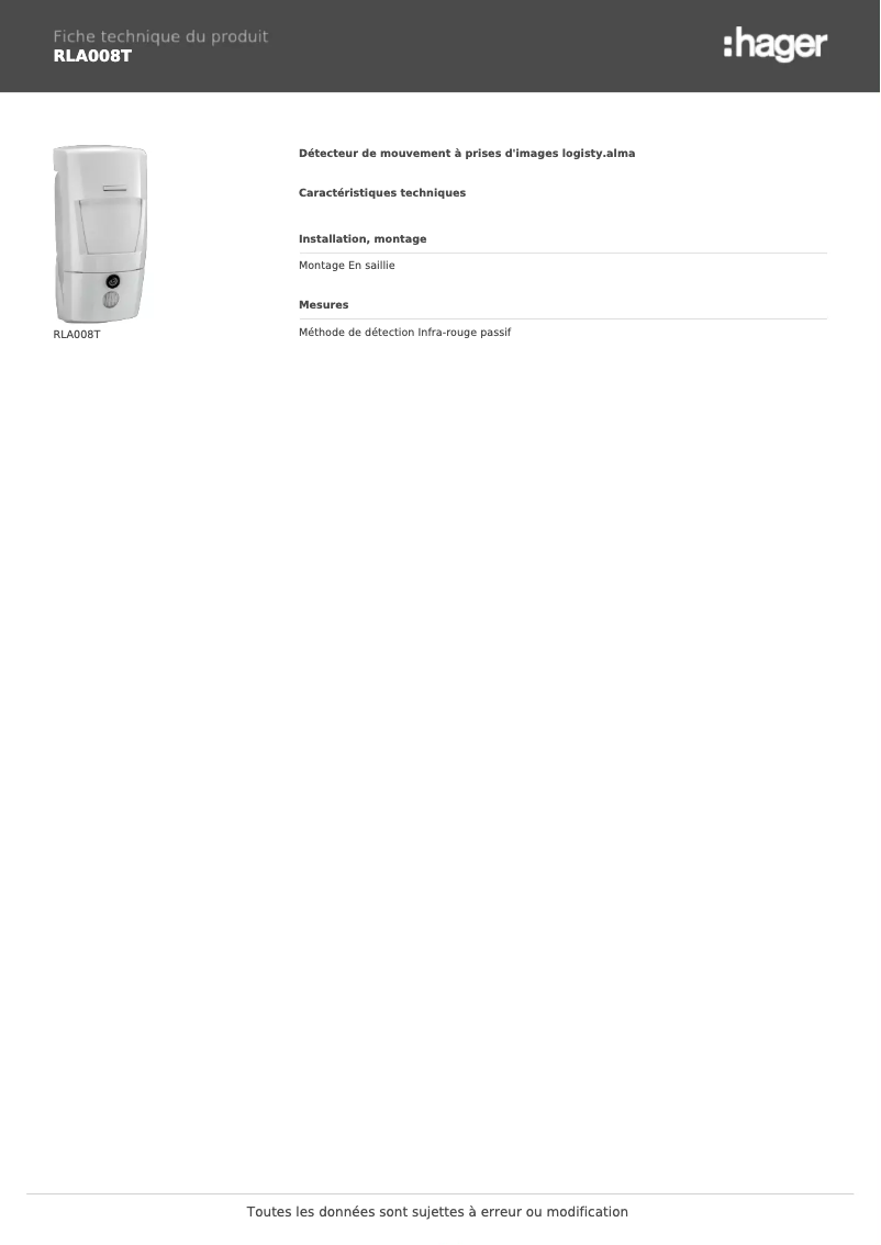 Page 1 de la notice Fiche technique Hager RLA008T