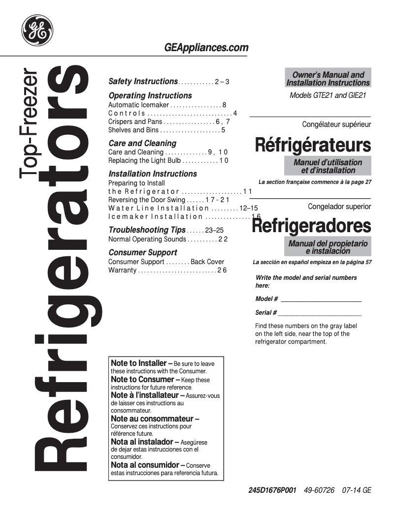 Page 1 of the manual User Manual GE GTE21GTHWW