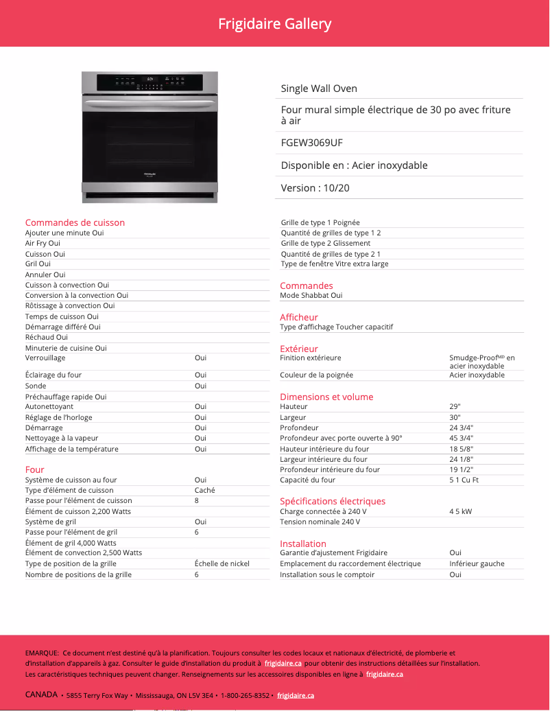 Page n°1 - Fiche technique Frigidaire FGEW3069UF