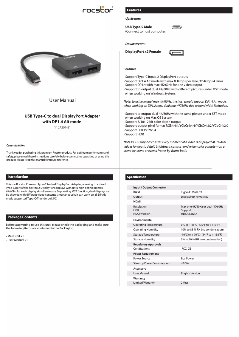 Page n°1 - Manuel utilisateur Rocstor Y10A201-B1