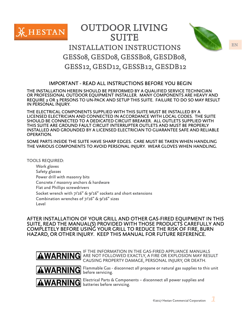 Page 1 de la notice Manuel utilisateur Hestan GESS12