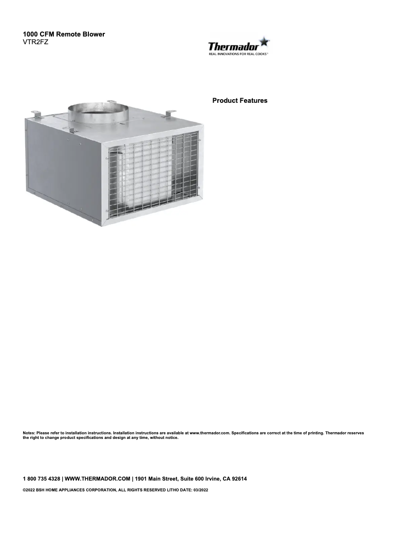 Page 1 de la notice Fiche technique Thermador VTR2FZ