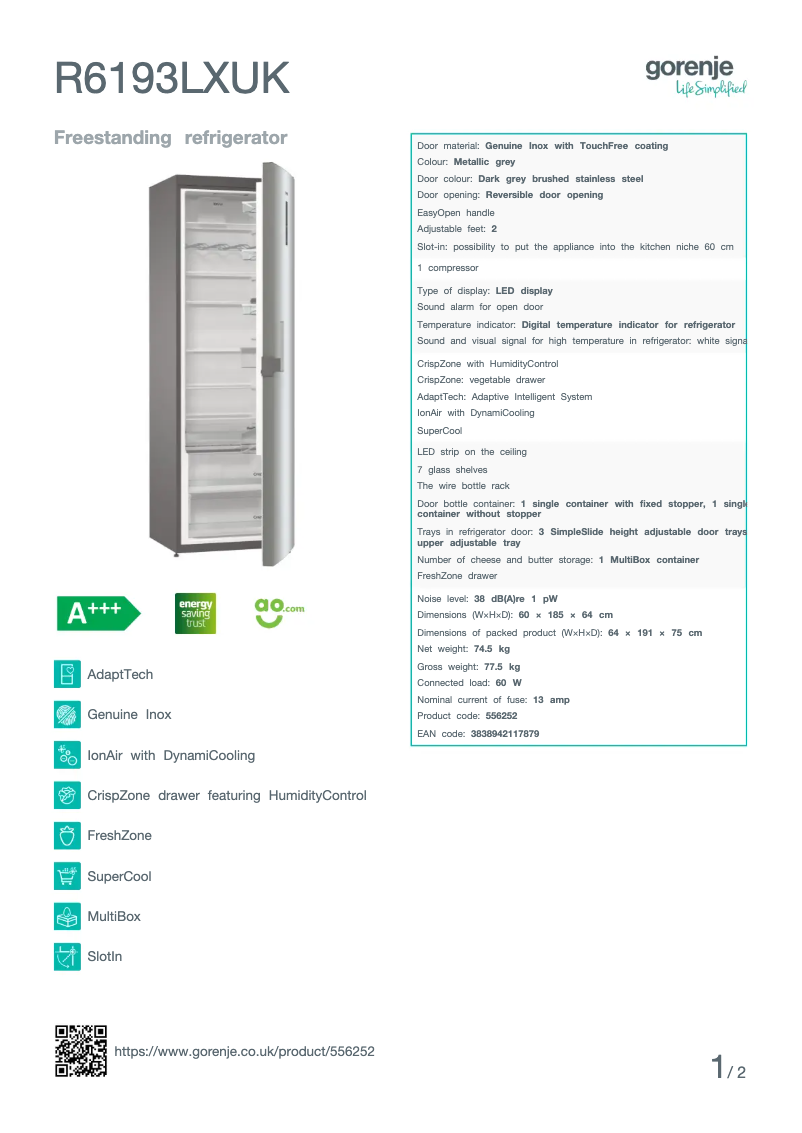 Página 1 del manual Ficha técnica Gorenje R6193LXUK