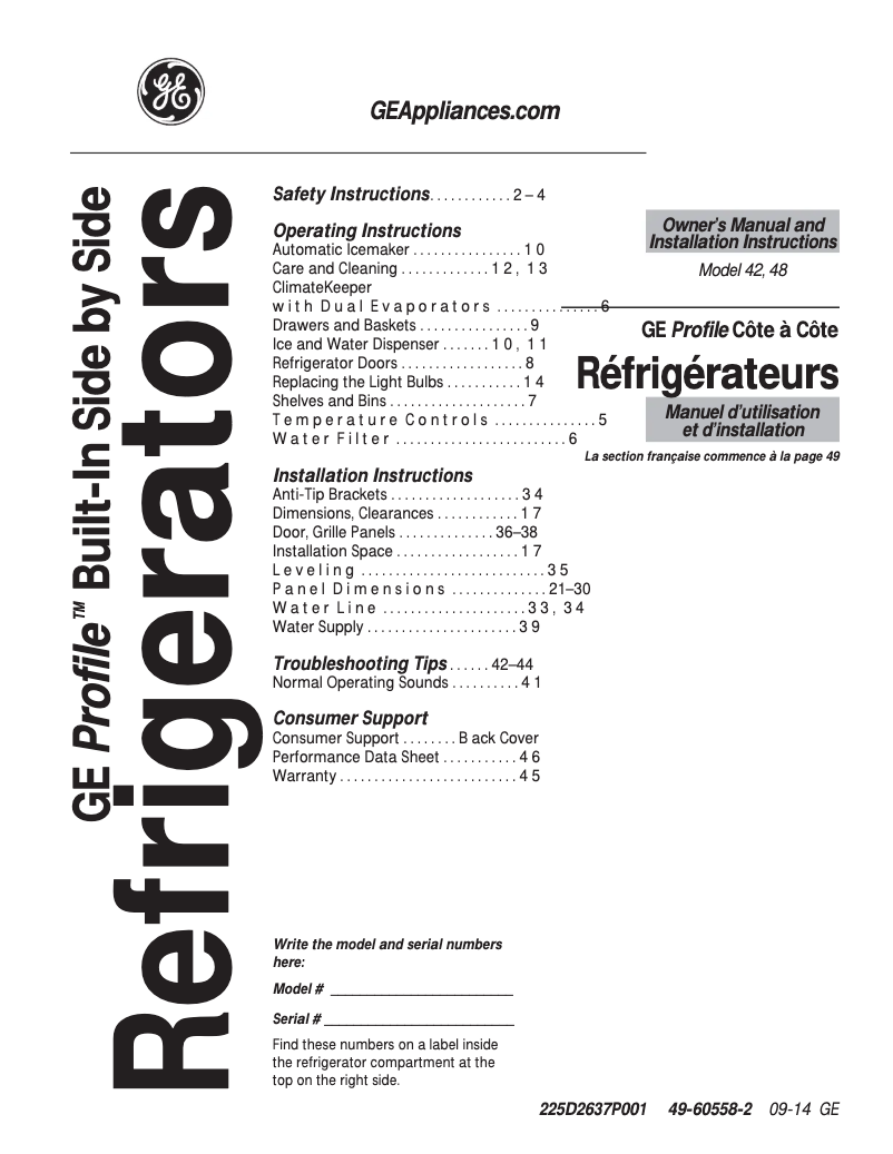 Page n°1 - Manuel d'utilisation et d'entretien GE Profile PSB48YPHSV