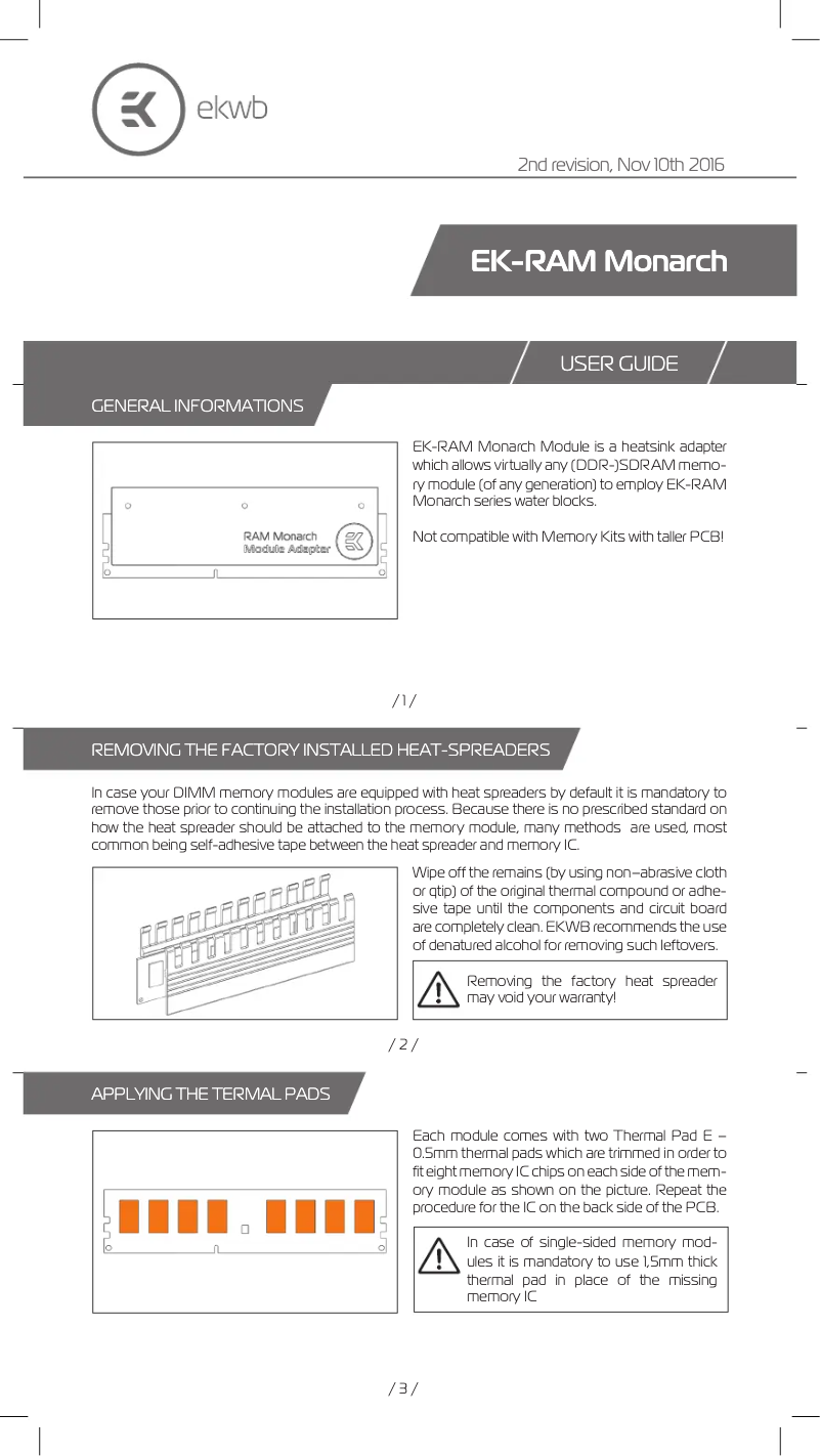 Page n°1 - Manuel utilisateur EK Water Blocks EK-RAM Monarch