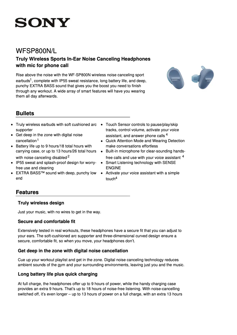 Página 1 del manual Ficha técnica Sony WF-SP800N
