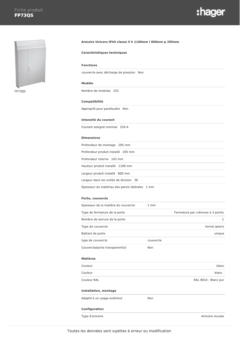 Page n°1 - Fiche technique Hager FP73QS