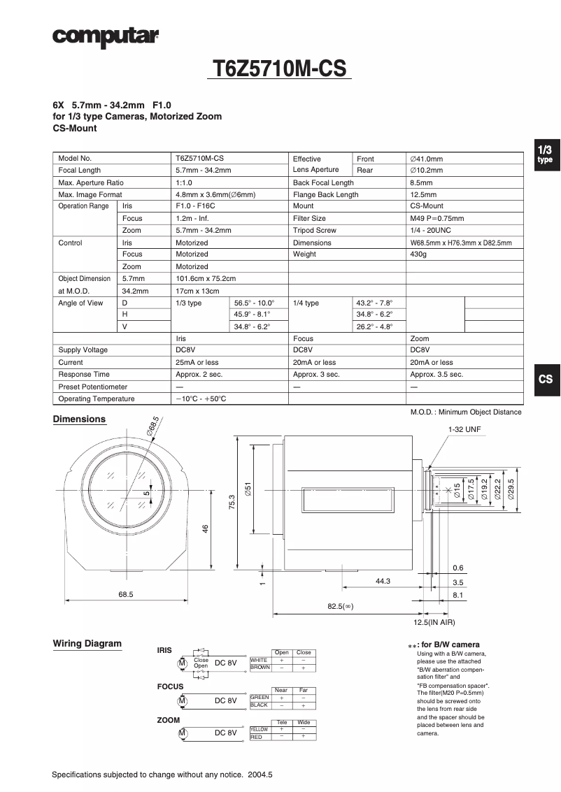 Page n°1 - Manuel utilisateur Computar T6Z5710M