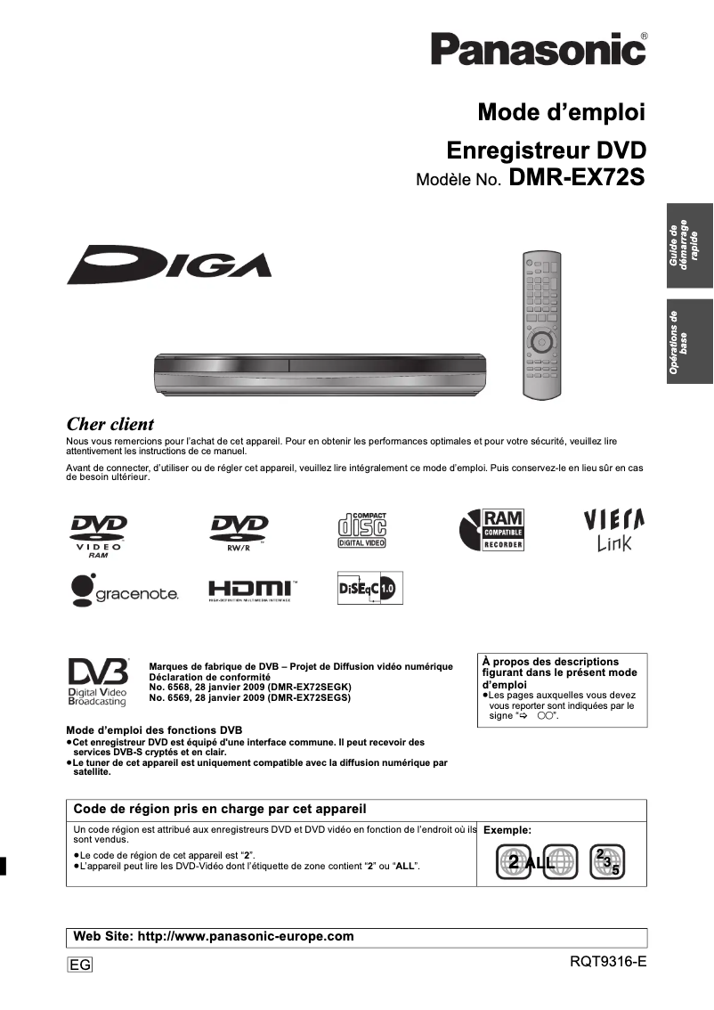 Image de la première page du manuel de l'appareil DMR-EX72S