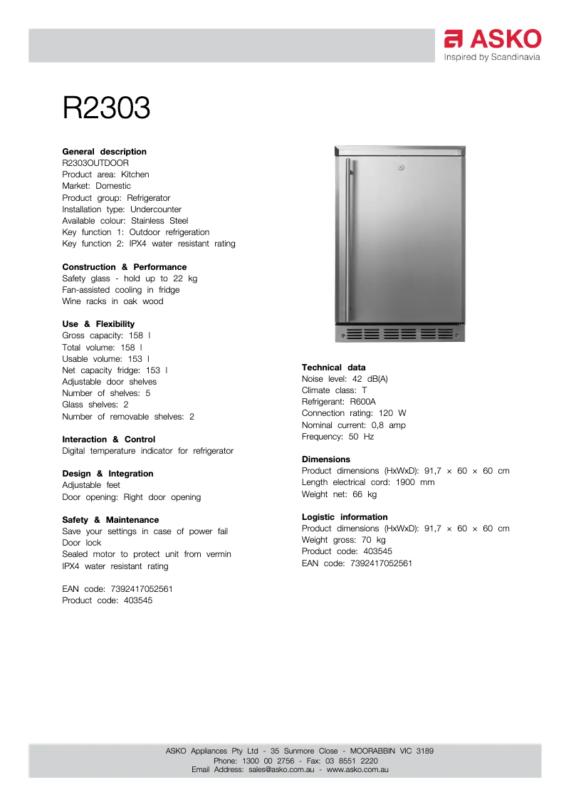 Page 1 de la notice Fiche technique Asko R2303
