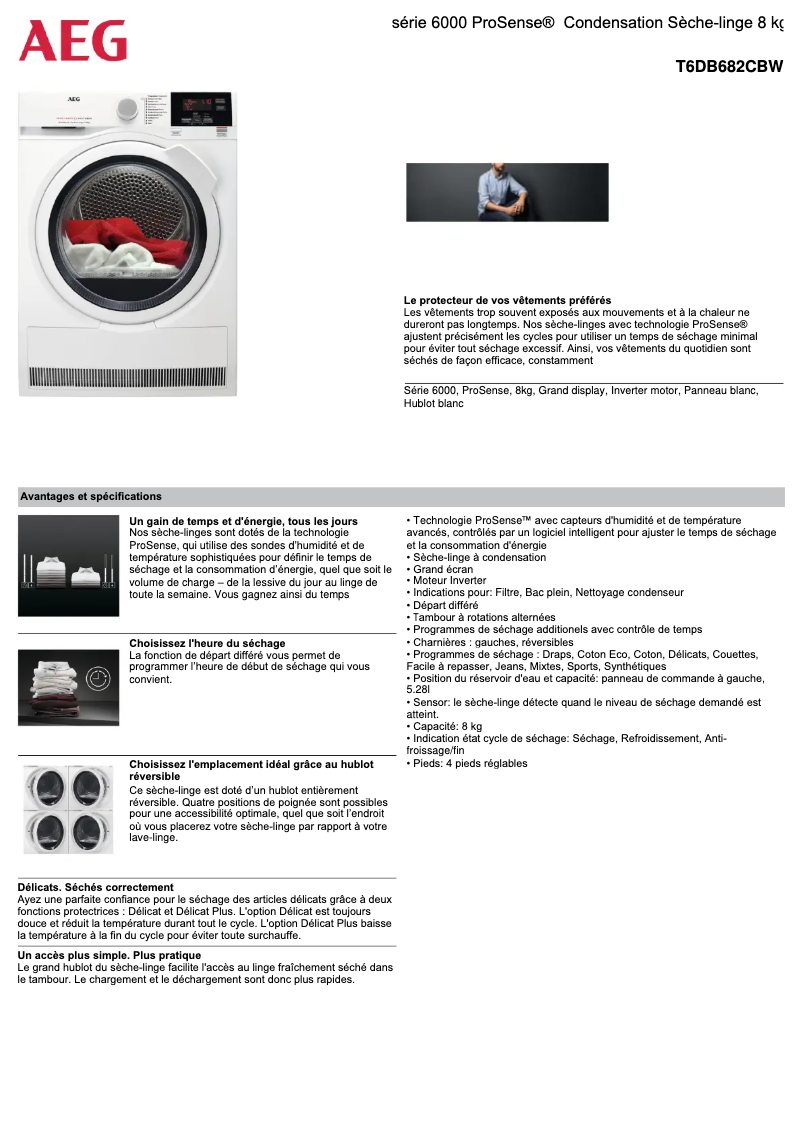 Page 1 de la notice Fiche technique AEG T6DB682CBW