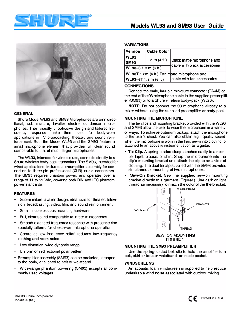 Page 1 de la notice Manuel utilisateur Shure WL93T