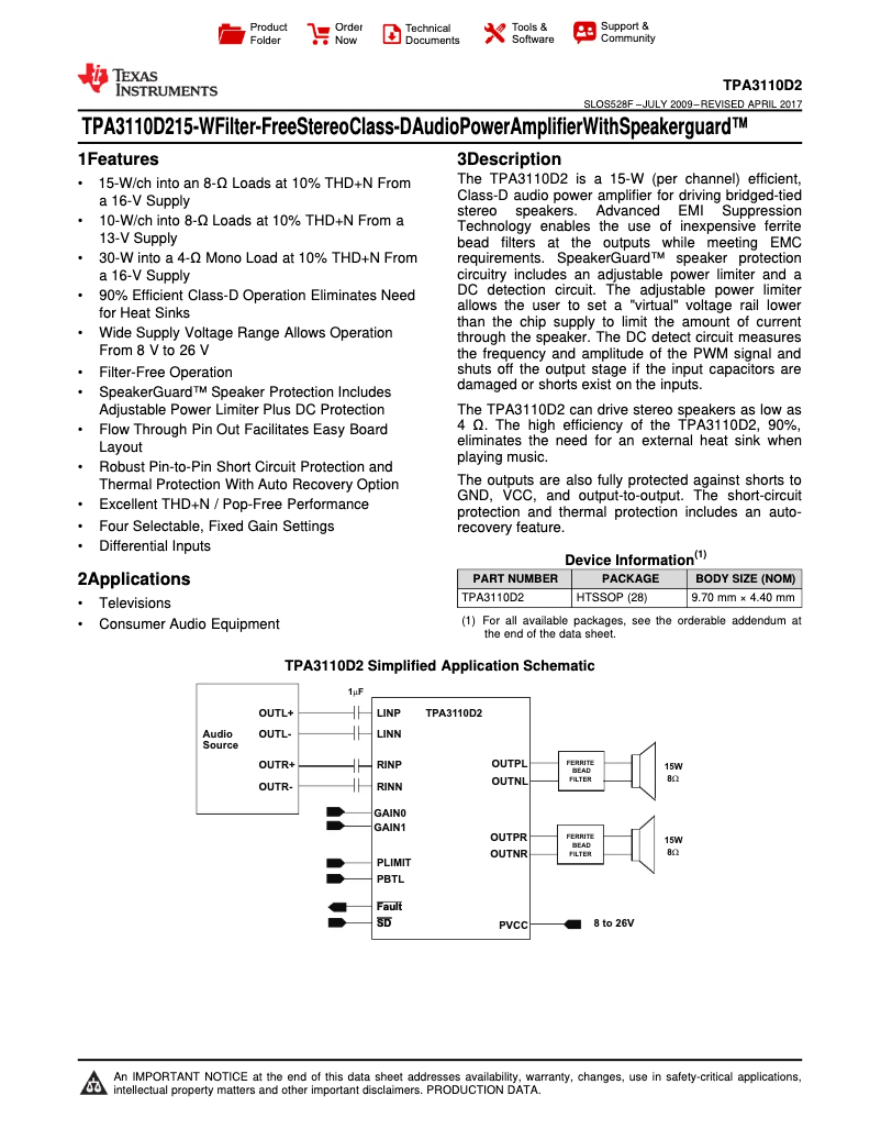 Page 1 de la notice Manuel utilisateur Texas Instruments TPA3110D2PWP