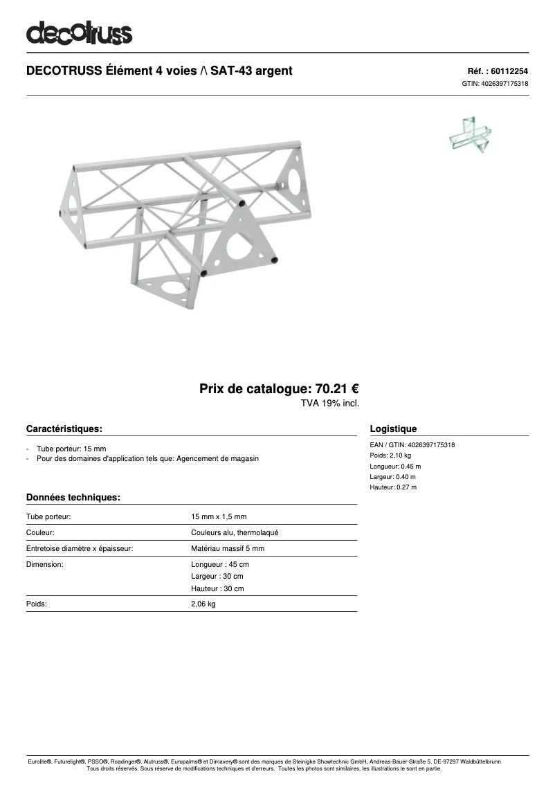 Page 1 de la notice Fiche technique Decotruss SAT 43