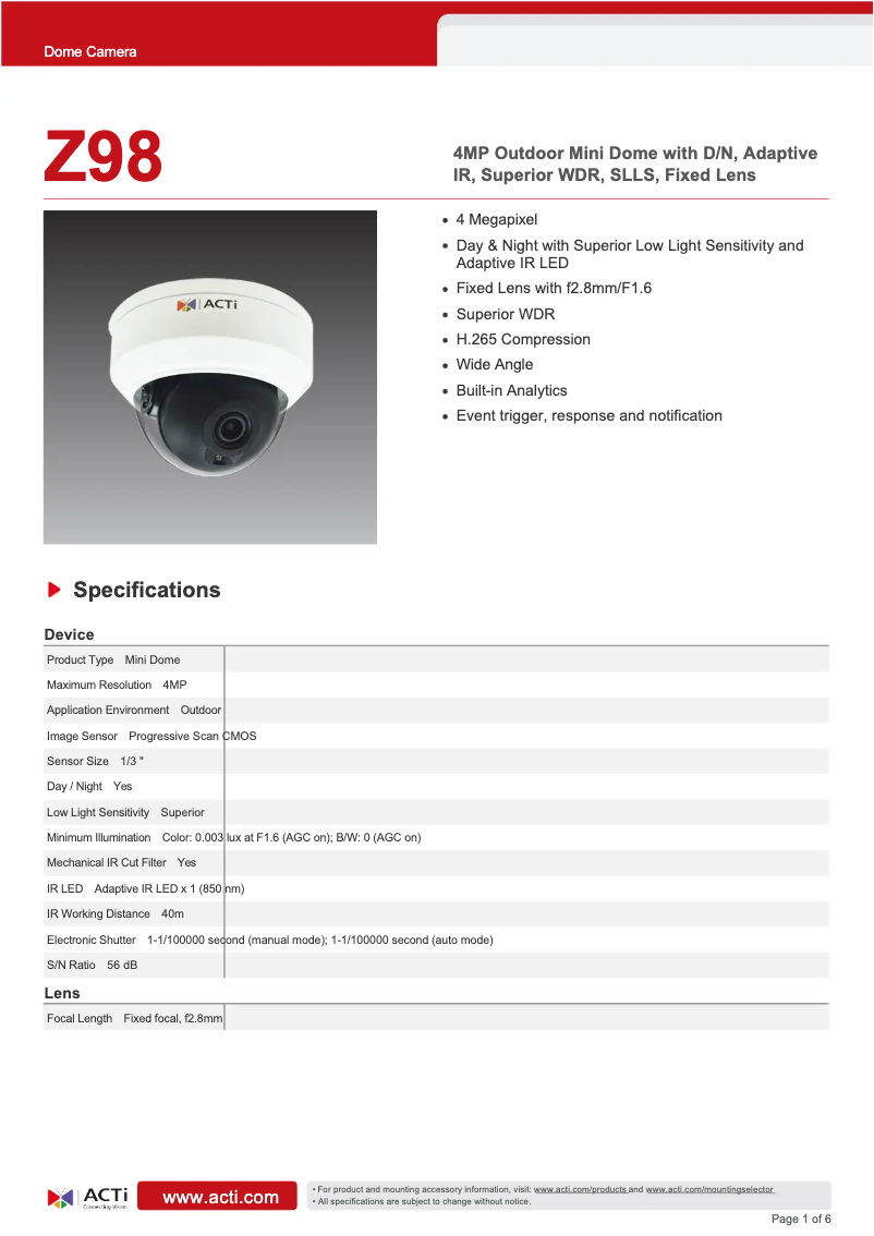 Page 1 de la notice Fiche technique ACTi Z98