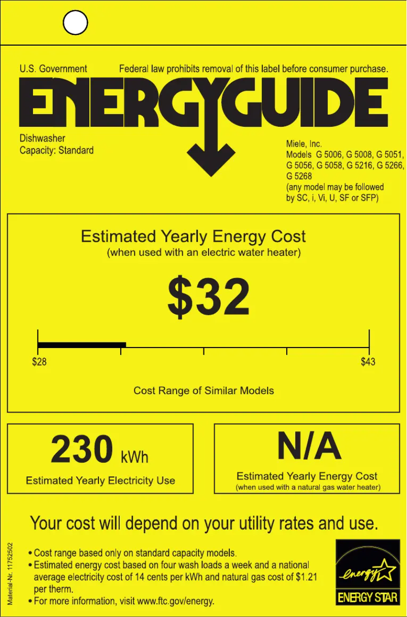 Page n°1 - Label énergétique Miele G 5056 SCVi SF