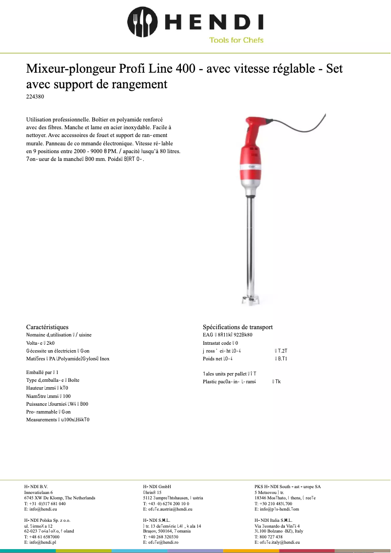Page n°1 - Fiche technique Hendi 224380
