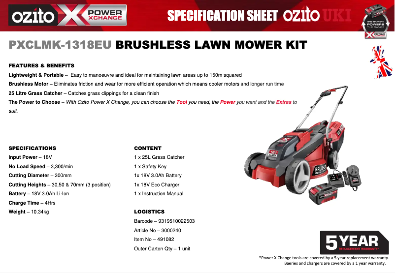 Página 1 del manual Ficha técnica Ozito PXCLMK-1318EU