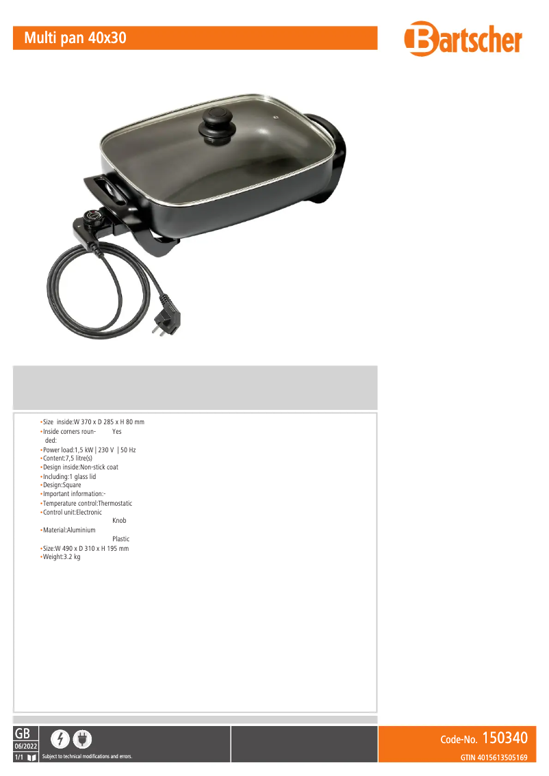 Page 1 de la notice Fiche technique Bartscher 150340