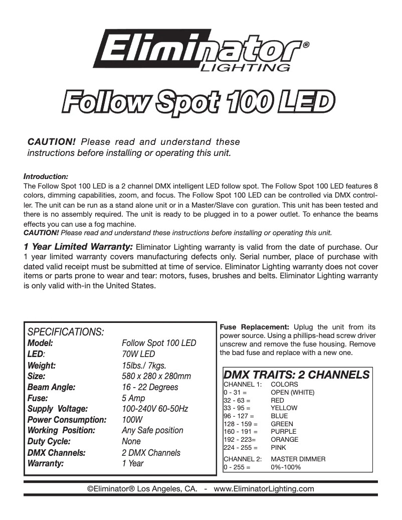 Page n°1 - Manuel utilisateur Eliminator Lighting Follow Spot 100 LED