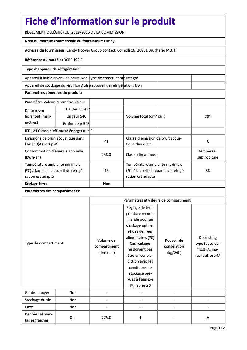 Page 1 de la notice Fiche technique Candy BCBF 192 F