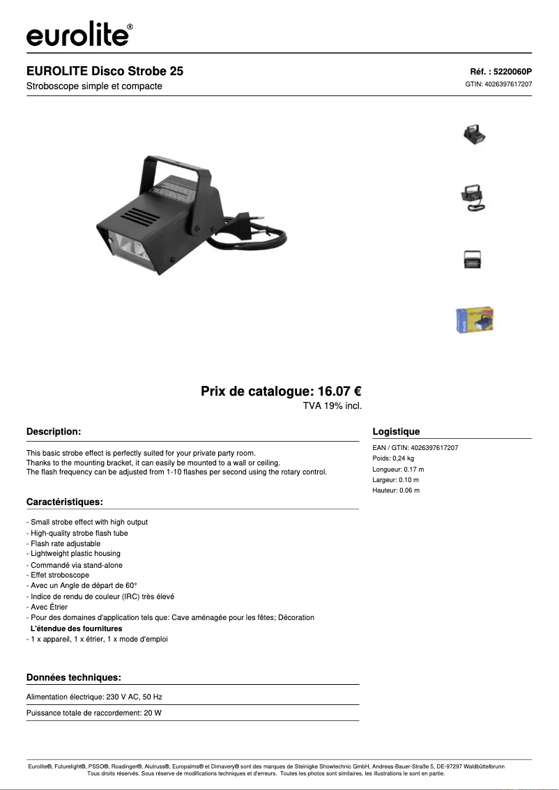 Page 1 de la notice Fiche technique Eurolite Disco Strobe 25